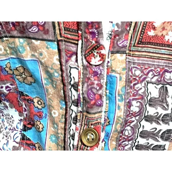 Crown of Hearts Shirt Womens Size S Top Boho Patchwork  Button Down Collared Adj - Picture 6 of 16